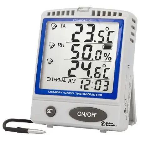 Fisherbrand Traceable – Datalogging Refrigerator / Freezer Thermometer / Hygrometer with Alarm Fahrenheit / Celsius -22° to +158°F (-30° to +70°C) Internal Sensor / Stainless Steel Probe Multiple Mounting Options Battery Operated – 15081111