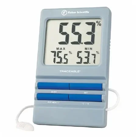 Fisherbrand Traceable – Digital Thermometer / Hygrometer with Alarm Fahrenheit / Celsius 32° to 140°F (0° to 60°C) Internal Sensor / External Probe Flip-out Stand / Wall Mount Battery Operated – 1464984