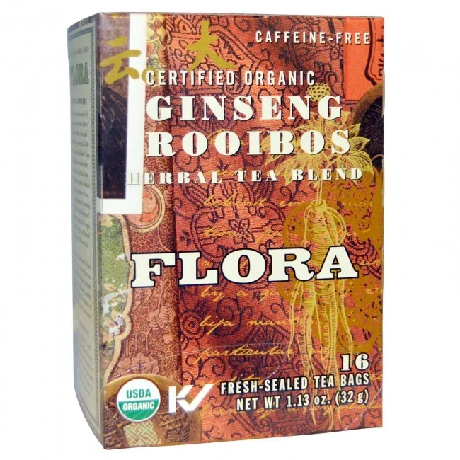 Flora Inc Herbal Tea Blend Certified Organic Ginseng Rooibos Caffeine Free 16 Tea Bags 1.13 oz (32 g)