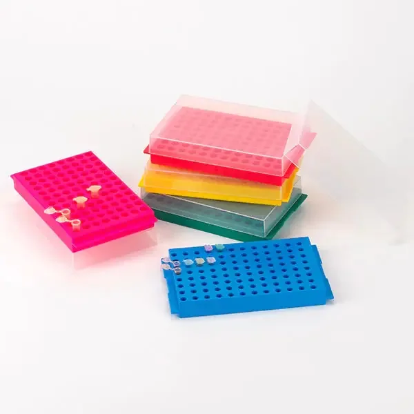 Globe Scientific – Microcentrifuge Tube Rack 96 Place 1.5 to 2 mL Tube Size / Reverse Side 0.2 to 0.5 mL Tube Size Blue 1-4/5 X 5-2/5 X 8-3/4 Inch – 456355B