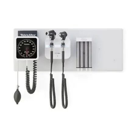 Green Series 777 – Integrated Wall System Welch Allyn Integrated Wall System with PanOptic Basic LED Ophthalmoscope, MacroView Basic LED Otoscope, BP Aneroid, and Ear Specula Dispenser – 777-PM2WAX-US