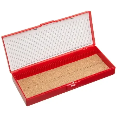 Heathrow Scientific – Slide Storage Box 35 X 86 X 209 mm Red ABS Plastic / Cork 50 Slide Capacity – HS15996B