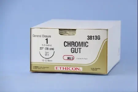J & J Healthcare Systems – Suture with Needle Absorbable Uncoated Undyed Suture Chromic Gut Size 1 27 Inch Suture 1-Needle 36 mm Length 1/2 Circle Taper Point Needle – 3813G