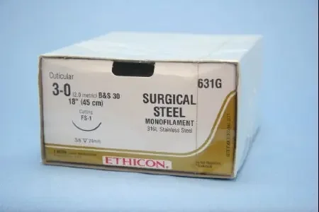 J & J Healthcare Systems – Suture with Needle Nonabsorbable Uncoated Silver Suture Stainless Steel Size 3 – 0 18 Inch Suture 1-Needle 24 mm Length 3/8 Circle Reverse Cutting Needle – 631G