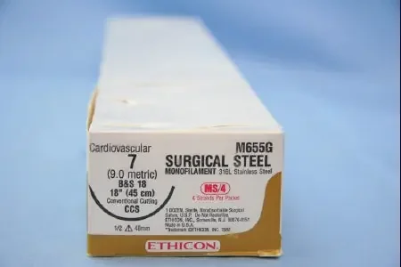 J & J Healthcare Systems – Suture with Needle Nonabsorbable Uncoated Silver Suture Stainless Steel Size 7 18 Inch Suture 1-Needle 48 mm Length 1/2 Circle Conventional Cutting Sternum Needle – M655G