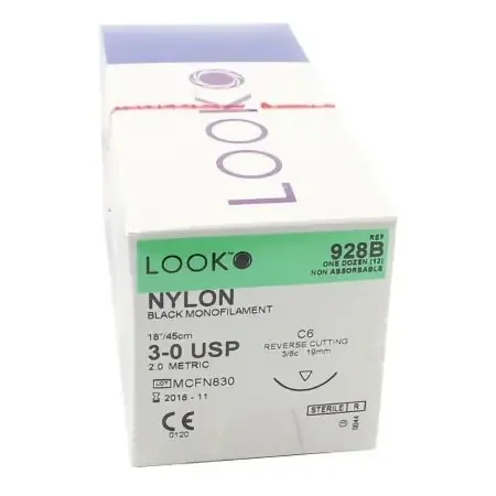 LOOK – Suture with Needle Nonabsorbable Uncoated Black Suture Monofilament Nylon Size 3 – 0 18 Inch Suture 1-Needle 19 mm Length 3/8 Circle Reverse Cutting Needle – 928B