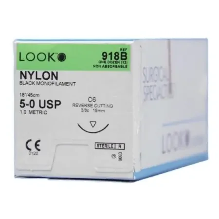 LOOK – Suture with Needle Nonabsorbable Uncoated Black Suture Monofilament Nylon Size 5 – 0 18 Inch Suture 1-Needle 19 mm Length 3/8 Circle Reverse Cutting Needle – 918B