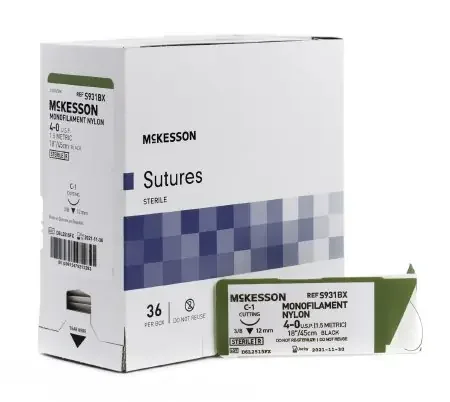 McKesson – Suture with Needle Nonabsorbable Uncoated Black Suture Monofilament Nylon Size 4 – 0 18 Inch Suture 1-Needle 12 mm Length 3/8 Circle Reverse Cutting Needle – S931BX