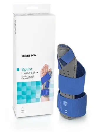 McKesson – Thumb Splint Adult Small / Medium Hook and Loop Strap Closure Right Hand Blue / Gray – 155-79-87113