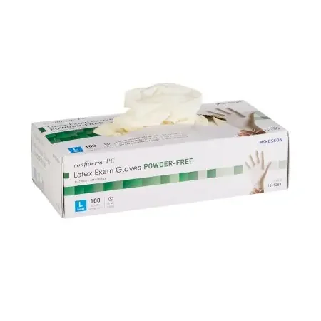 McKesson Confiderm – Exam Glove Large NonSterile Latex Standard Cuff Length Textured Ivory Not Chemo Approved – 14-1383