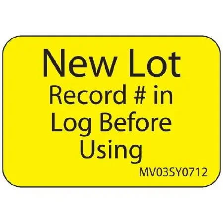 MedVision – Pre-Printed Label Advisory Label Yellow Paper New Lot Record In Log Before Using Black Alert Label 1 X 1-7/16 Inch – MV03SY0712