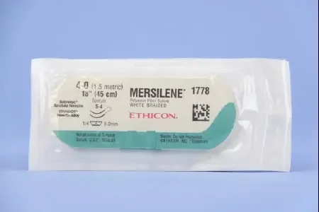 Mersilene – Suture with Needle Nonabsorbable Uncoated White Suture Braided Polyester Size 4 – 0 18 Inch Suture Double-Armed 8 mm Length 1/4 Circle Conventional Spatula Needle – 1778G