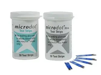 Microdot Xtra – Blood Glucose Test Strips 50 Strips per Box Strip contains the enzyme glucose dehydrogenase For Microdot Meters – 200-50