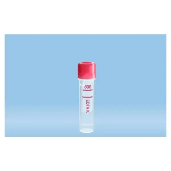 Microvette 500 – Capillary Blood Collection Tube Round Bottom, Skirted K3 EDTA Additive 10.8 X 46.6 mm 500 µL Red Screw Cap Polypropylene Tube – 20.1341.102