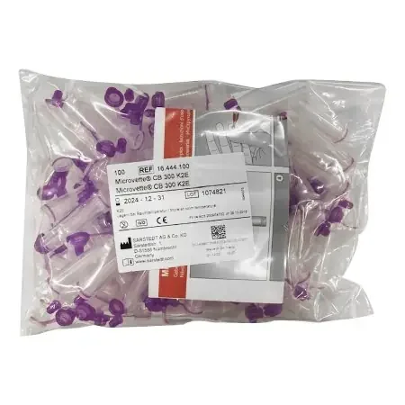 Microvette CB 300 – Capillary Blood Collection Tube Conical Bottom, Skirted K2 EDTA Additive 10.8 X 43.7 mm 300 µL Violet Pull Cap Polypropylene Tube – 16.444.100
