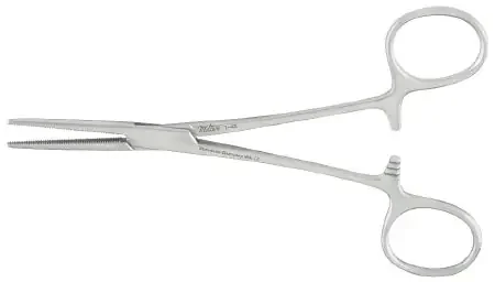 Miltex – Hemostatic Forceps Baby Crile 5-1/2 Inch Length OR Grade German Stainless Steel NonSterile Ratchet Lock Finger Ring Handle Curved Serrated Tips – 7-52