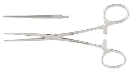 Miltex – Hemostatic Forceps Bainbridge 6 Inch Length OR Grade German Stainless Steel NonSterile Ratchet Lock Finger Ring Handle Straight Cross Serrated Tips with Longitudinal Grooves – 7-230