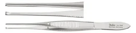 Miltex – Tissue Forceps Iris 4 Inch Length OR Grade German Stainless Steel NonSterile NonLocking Thumb Handle Straight Serrated Tips with 1 X 2 Teeth – 18-786