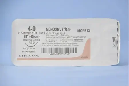 Monocryl Plus – Antibacterial Suture with Needle Absorbable Uncoated Violet Suture Poliglecaprone 25 with Irgacare MP Antibacterial Suture Size 4 – 0 18 Inch Suture 1-Needle 19 mm Length 3/8 Circle Precision Point – Reverse Cutting Needle – MCP513G
