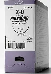 Polysorb – Suture with Needle Absorbable Coated Violet Suture Braided Polyester Size 7 – 0 18 Inch Suture Double-Armed 6 mm Length 1/2 Circle Spatula Needle – L-1787K
