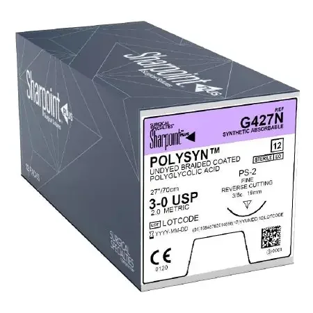 PolySyn – Suture with Needle Absorbable Coated Undyed Suture Braided Polyglycolic Acid Suture Size 3 – 0 27 Inch Suture 1-Needle 19 mm Length 3/8 Circle Precision Reverse Cutting Needle – G427N