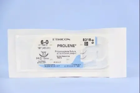 Prolene – Suture with Needle Nonabsorbable Uncoated Blue Suture Monofilament Polypropylene Suture Size 6 – 0 18 Inch Suture Double-Armed 12 mm Length 3/8 Circle Taper Point Needle – 8318H