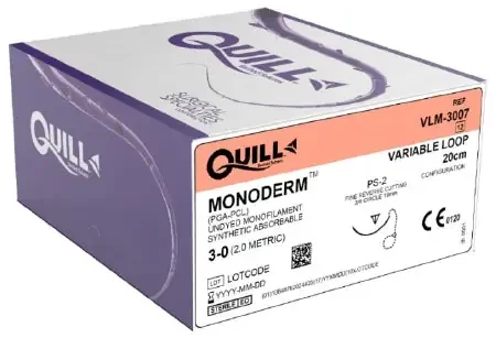 Quill Variable Loop Device, Monoderm – Suture with Needle Absorbable Uncoated Undyed Suture Barbed Monofilament Polyglycolic Acid / PCL Size 3 – 0 20 cm Suture 1-Needle 19 mm Length 3/8 Circle Reverse Cutting Needle – VLM-3007