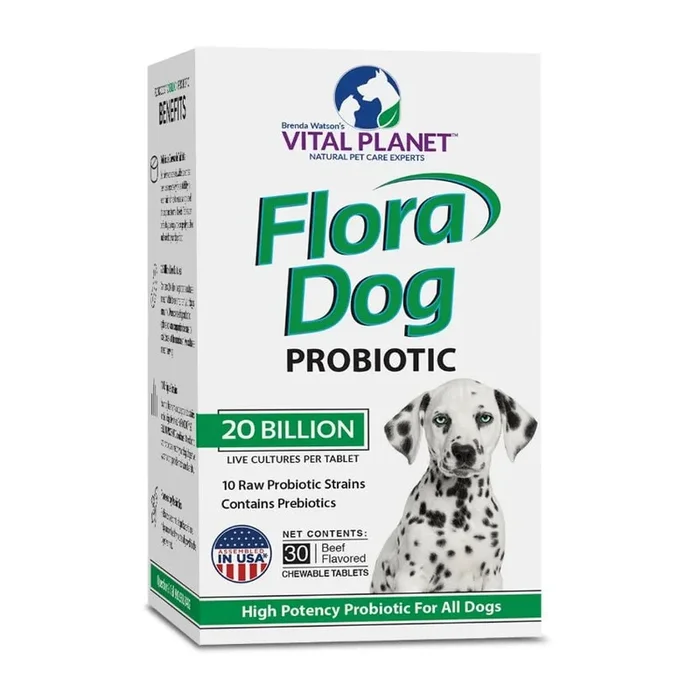 Vital Planet Flora Dog Probiotic 20 Billion 10 Strain 30 Beef Flavored Chewable Tablets